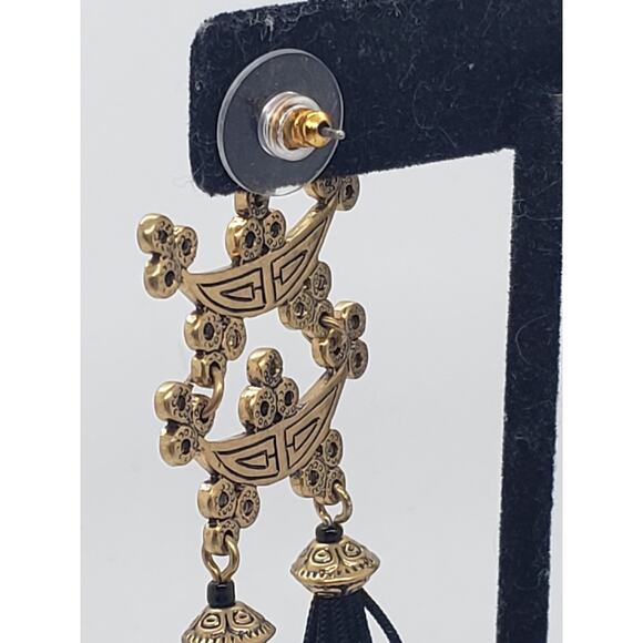 Asian Inspired Dangle Earrings Gold Tone Black Tassel Long Drop Pierced Fringe - Picture 8 of 12